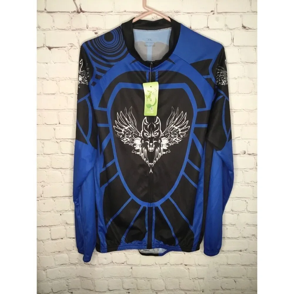 NWT Cycling Men's Blue/Black Full Zip Long Sleeve Cycling‎ Jersey Shirt Size XXL